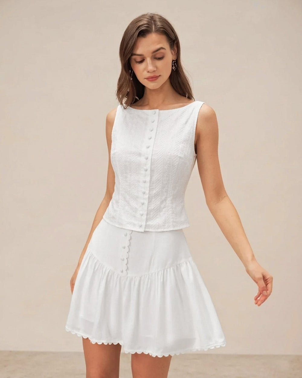 White Textured Boat Neck Button Vest | Rihoas