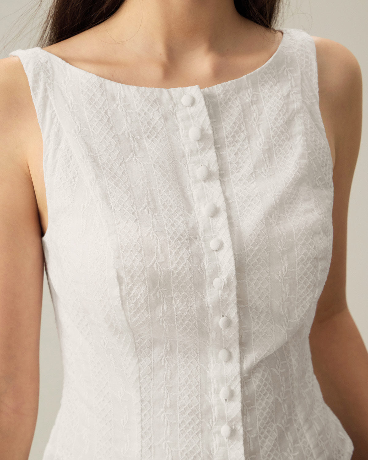 White Textured Boat Neck Button Vest | Rihoas