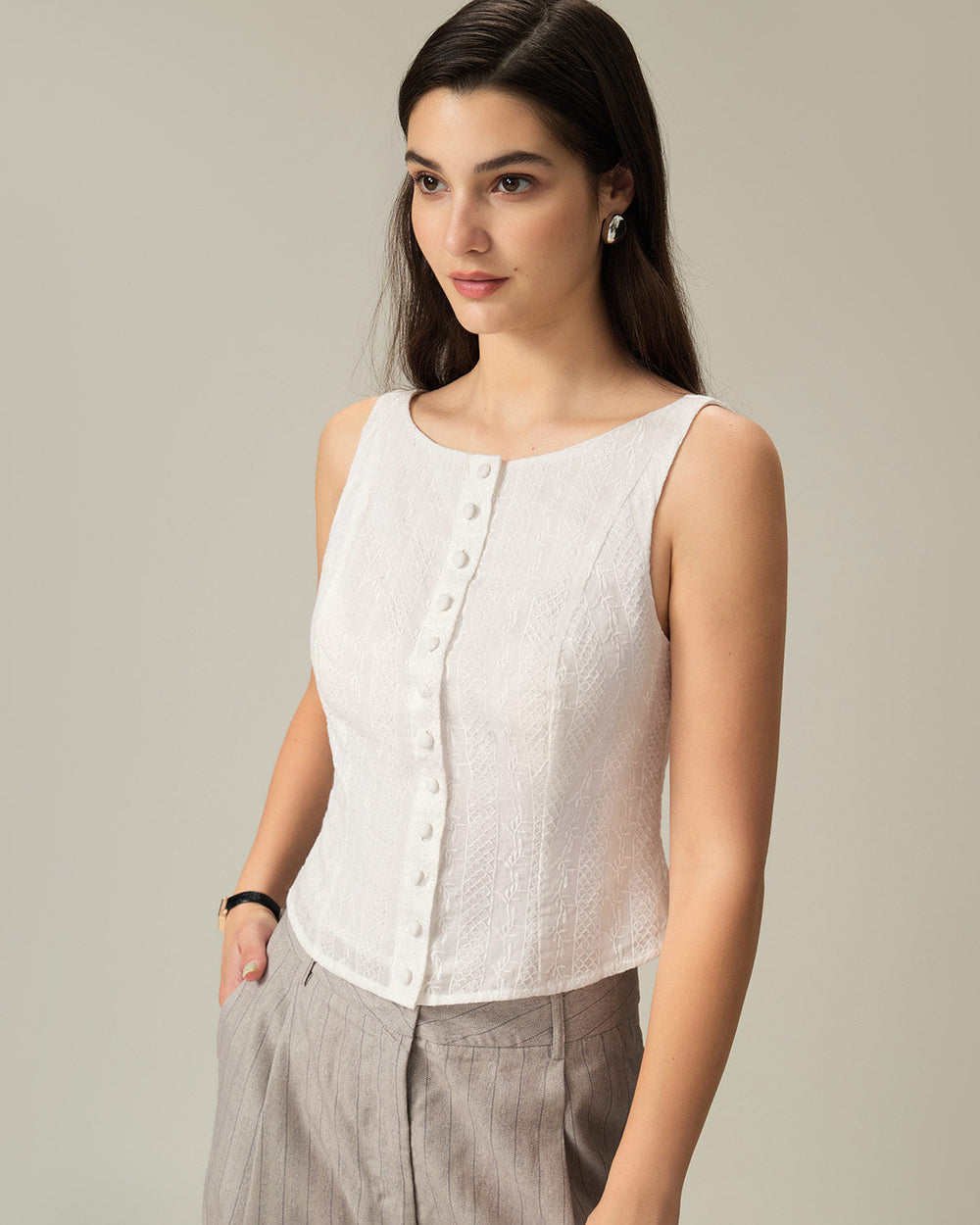 White Textured Boat Neck Button Vest | Rihoas