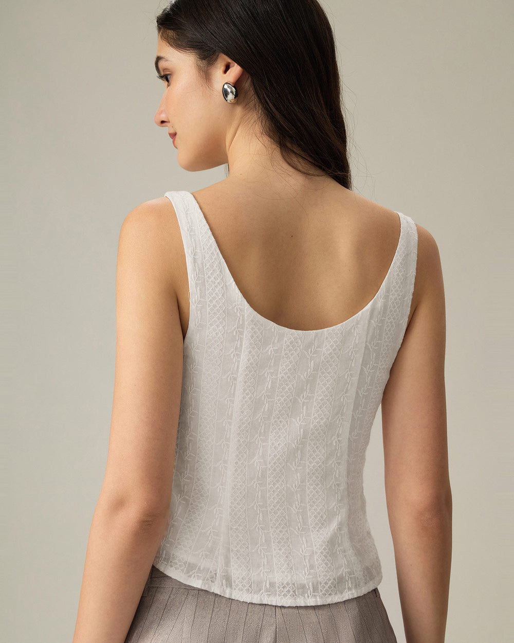 White Textured Boat Neck Button Vest | Rihoas