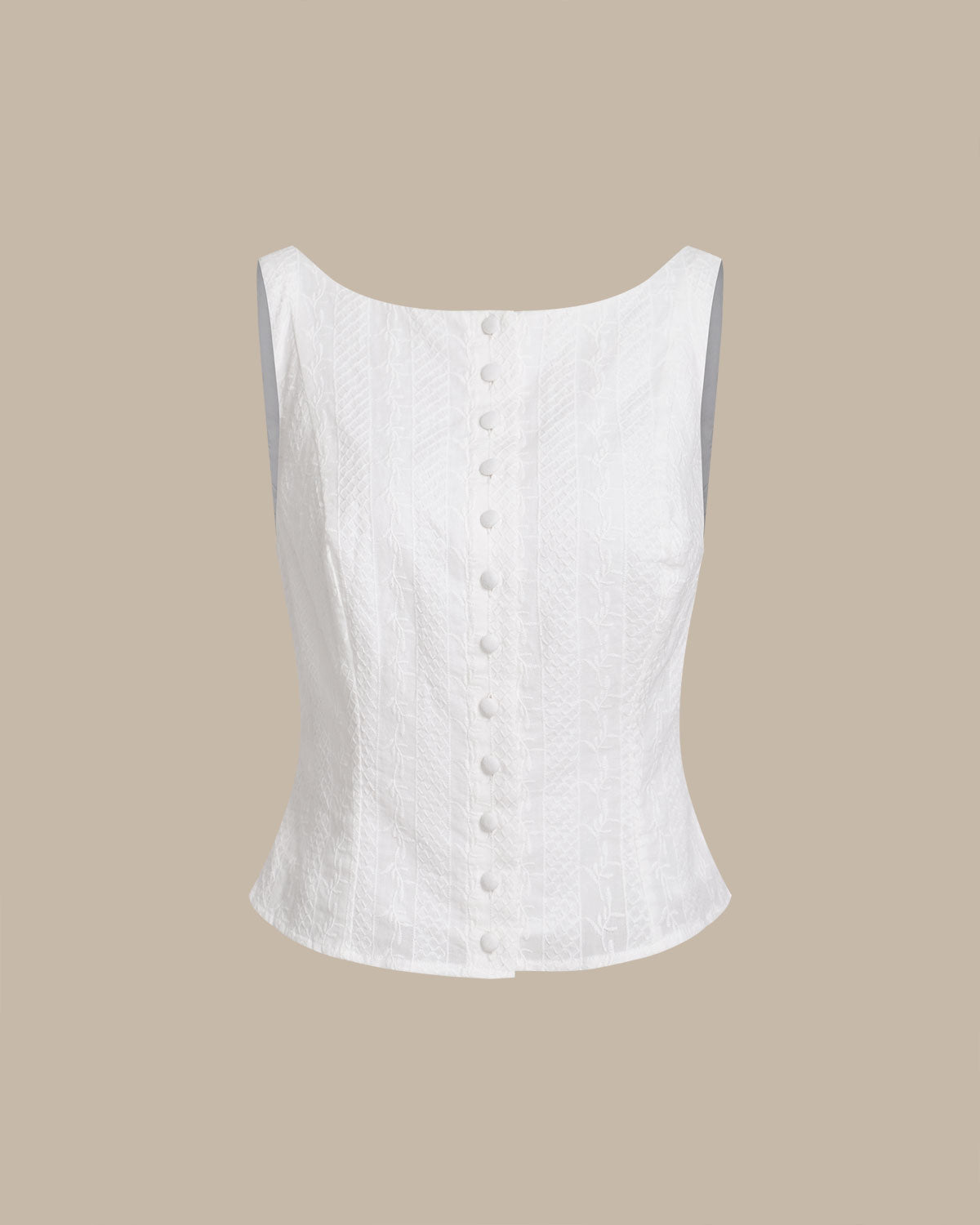 White Textured Boat Neck Button Vest | Rihoas