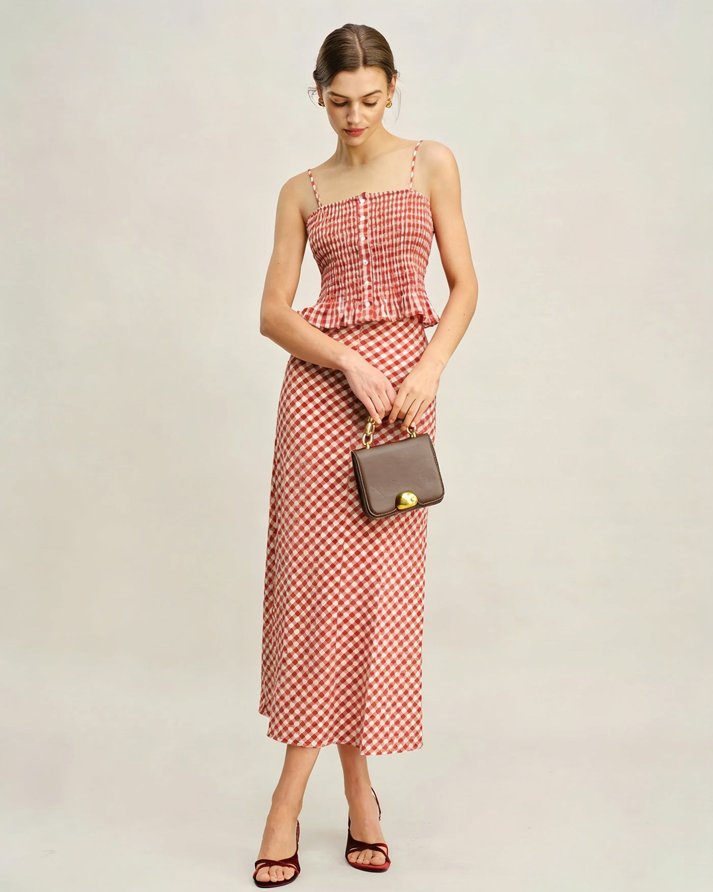 Pink Plaid Shirred Tank Top | Rihoas