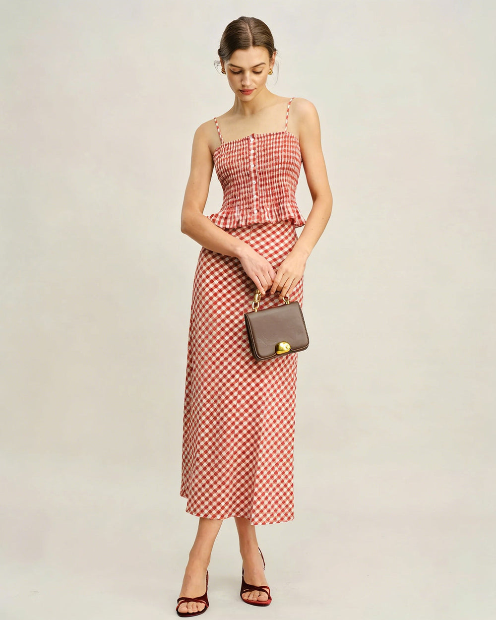 Pink Plaid Shirred Tank Top | Rihoas