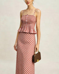 Pink Plaid Shirred Tank Top | Rihoas