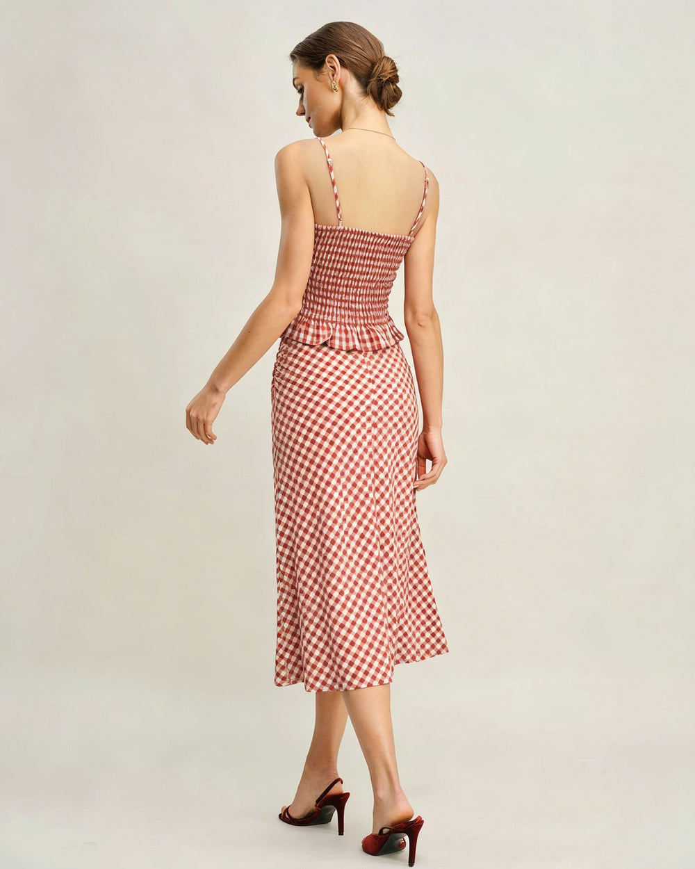 Pink Plaid Shirred Tank Top | Rihoas