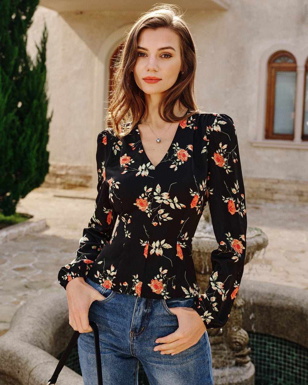 Black V Neck Floral Blouse | Rihoas