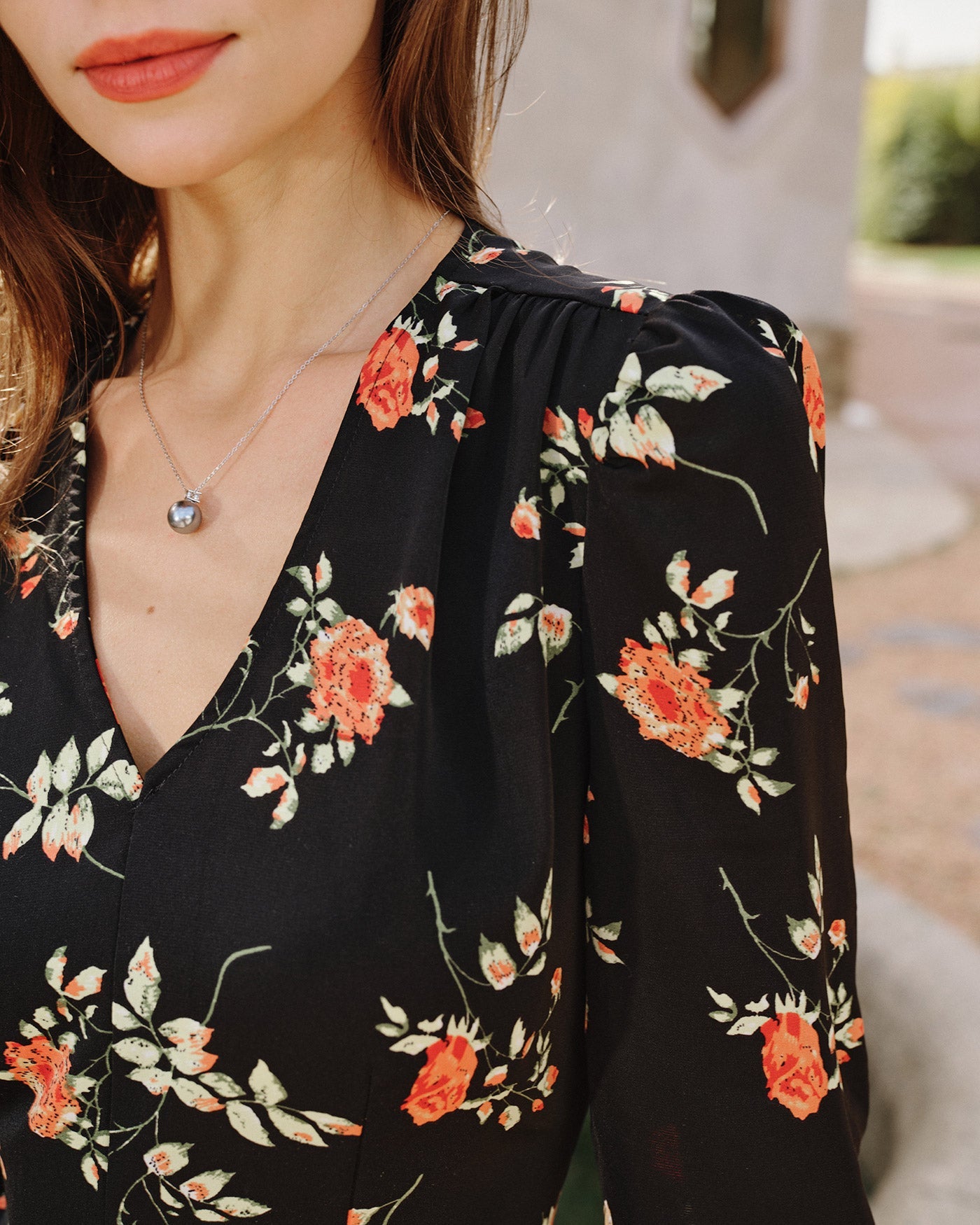 Black V Neck Floral Blouse | Rihoas
