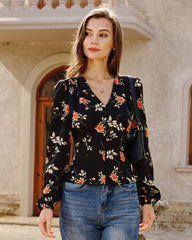 Black V Neck Floral Blouse | Rihoas