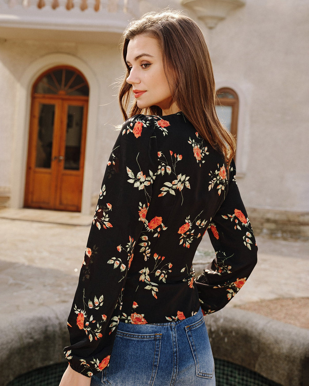 Black V Neck Floral Blouse | Rihoas
