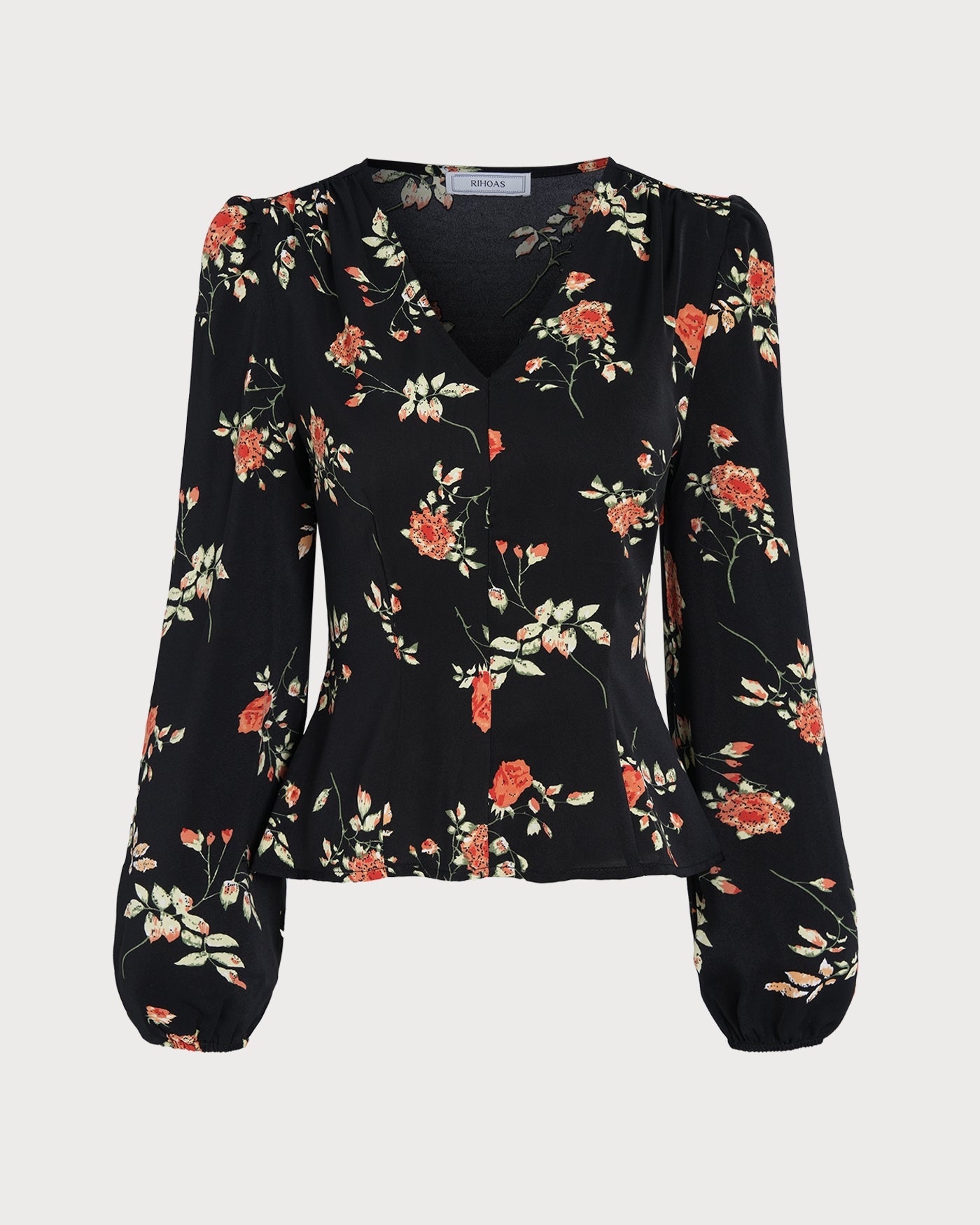 Black V Neck Floral Blouse | Rihoas