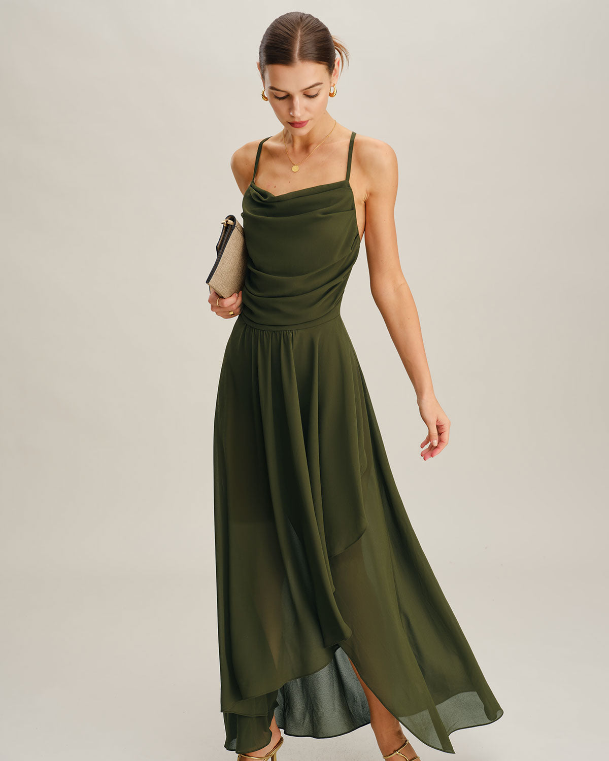Green Chiffon A-Line Slip Maxi Dress | Rihoas