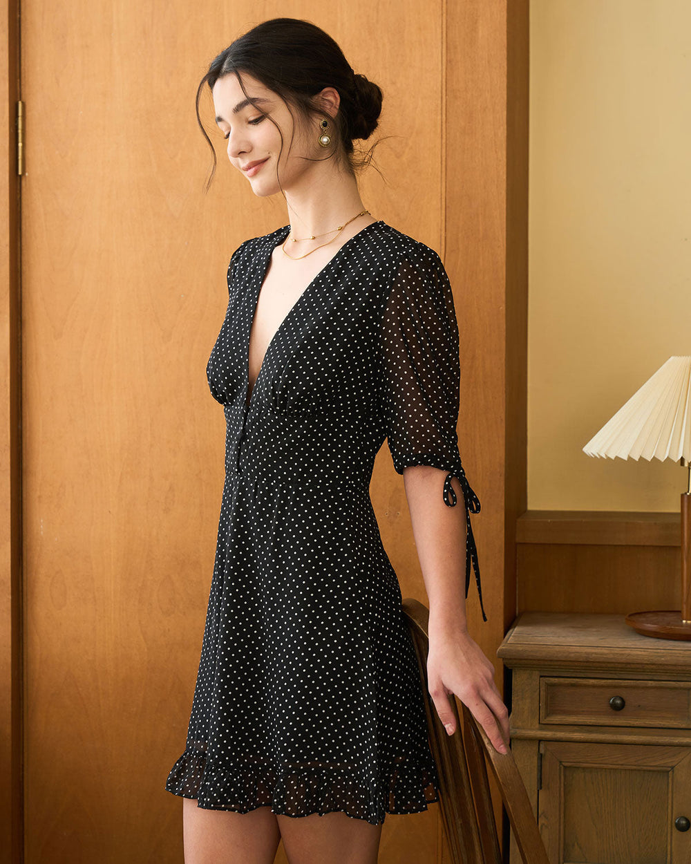The Black Deep V Neck Polka Dot Mini Dress | Rihoas
