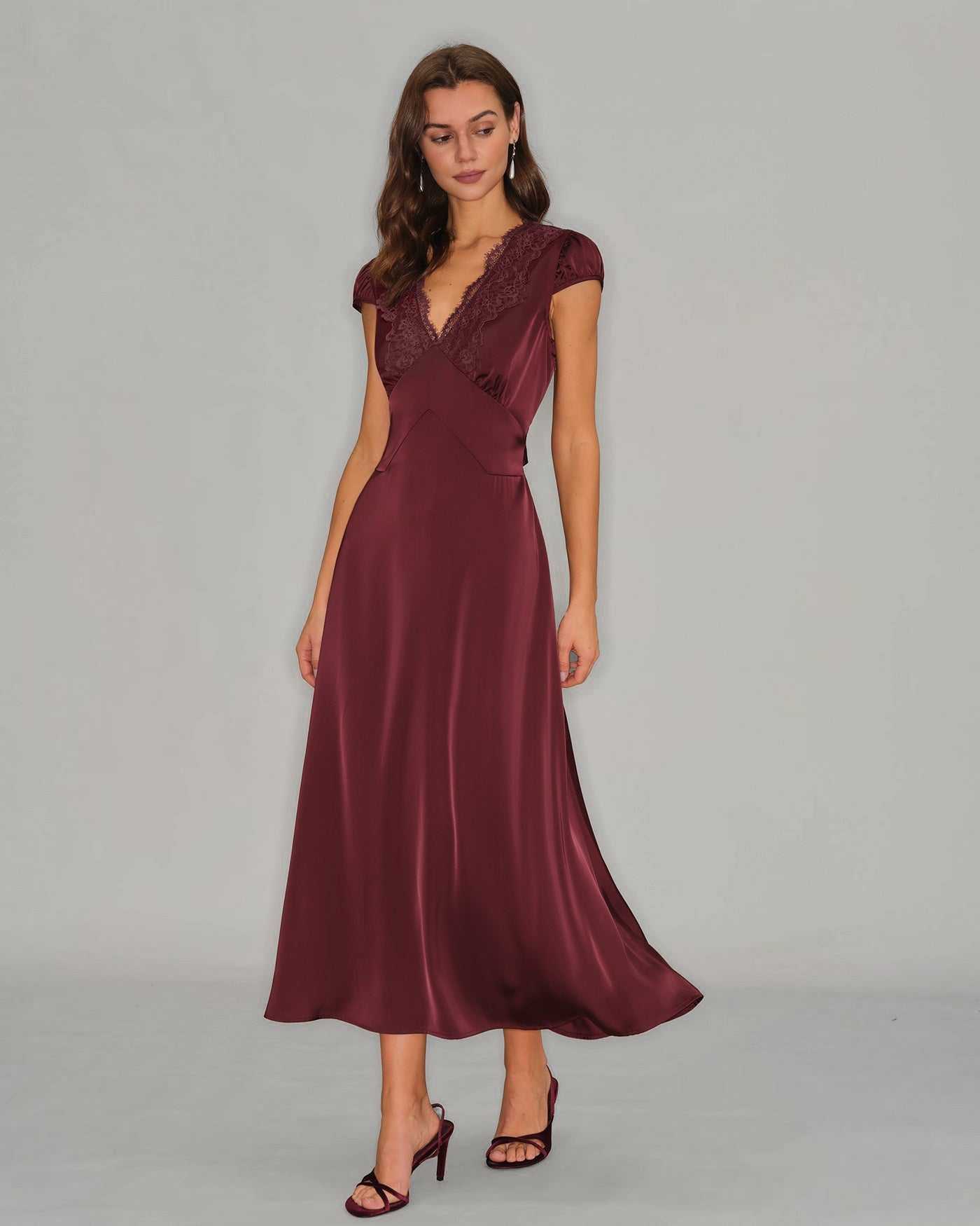 Wine Red V Neck Lace Maxi Dress | Rihoas