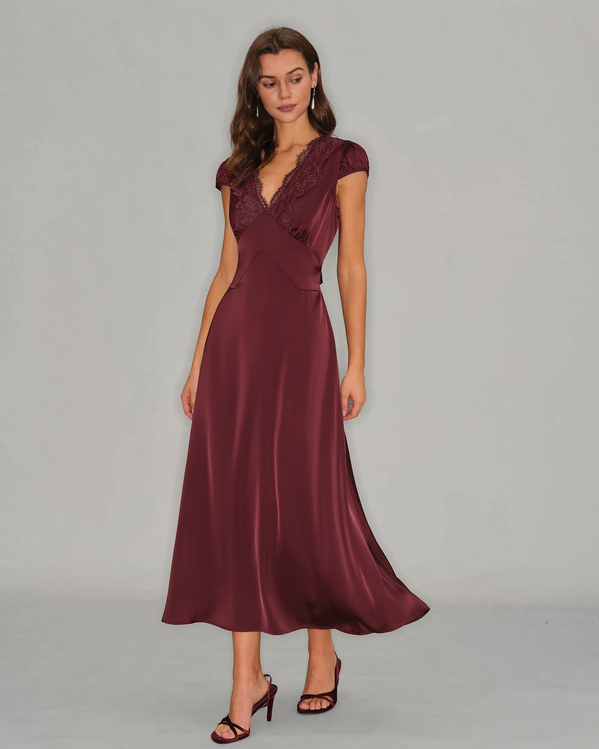 Wine Red V Neck Lace Maxi Dress | Rihoas