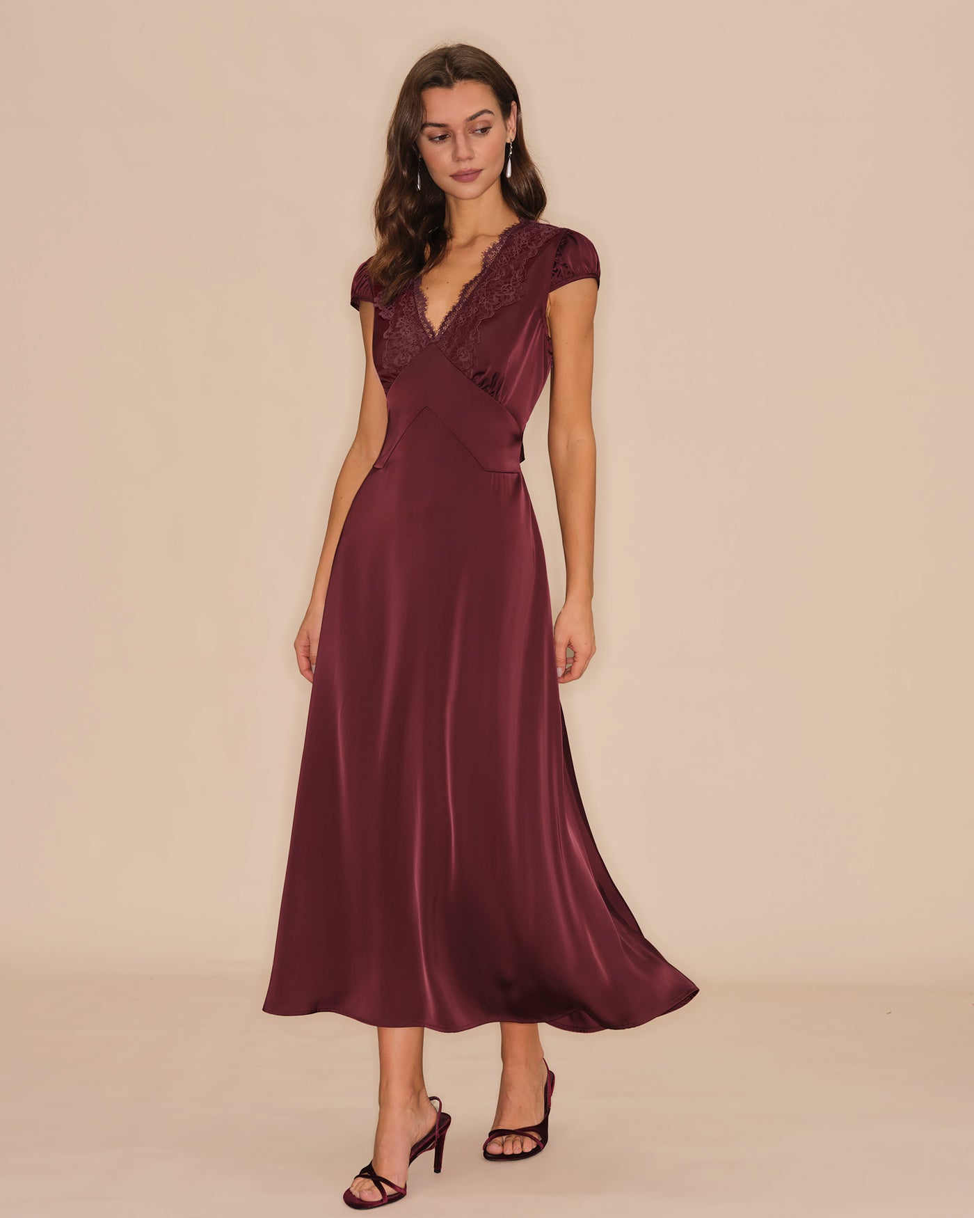 Wine Red V Neck Lace Maxi Dress | Rihoas