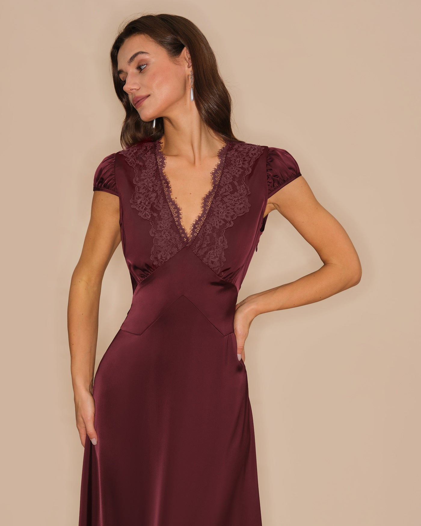 Wine Red V Neck Lace Maxi Dress | Rihoas
