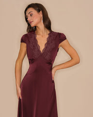 Wine Red V Neck Lace Maxi Dress | Rihoas