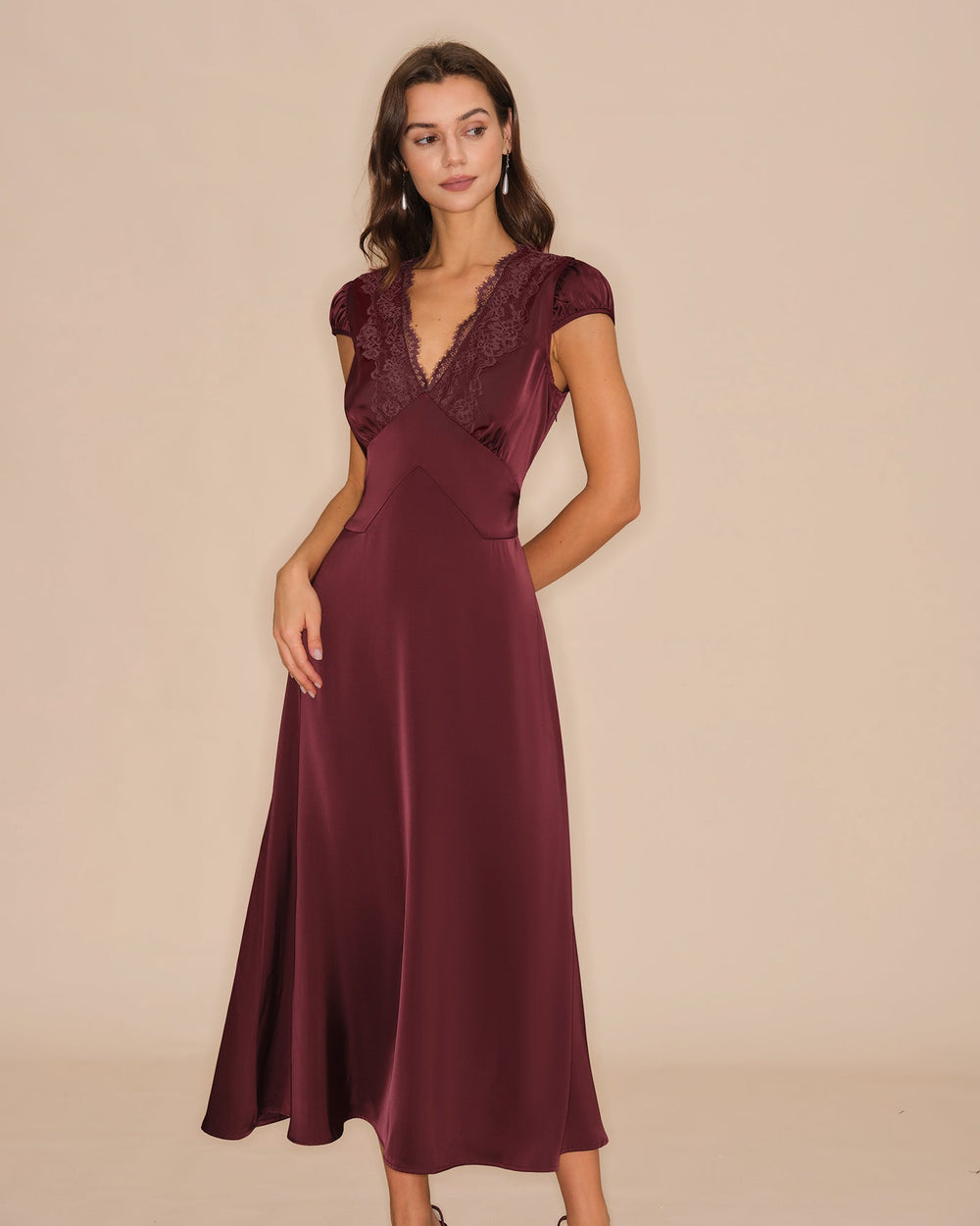 Wine Red V Neck Lace Maxi Dress | Rihoas