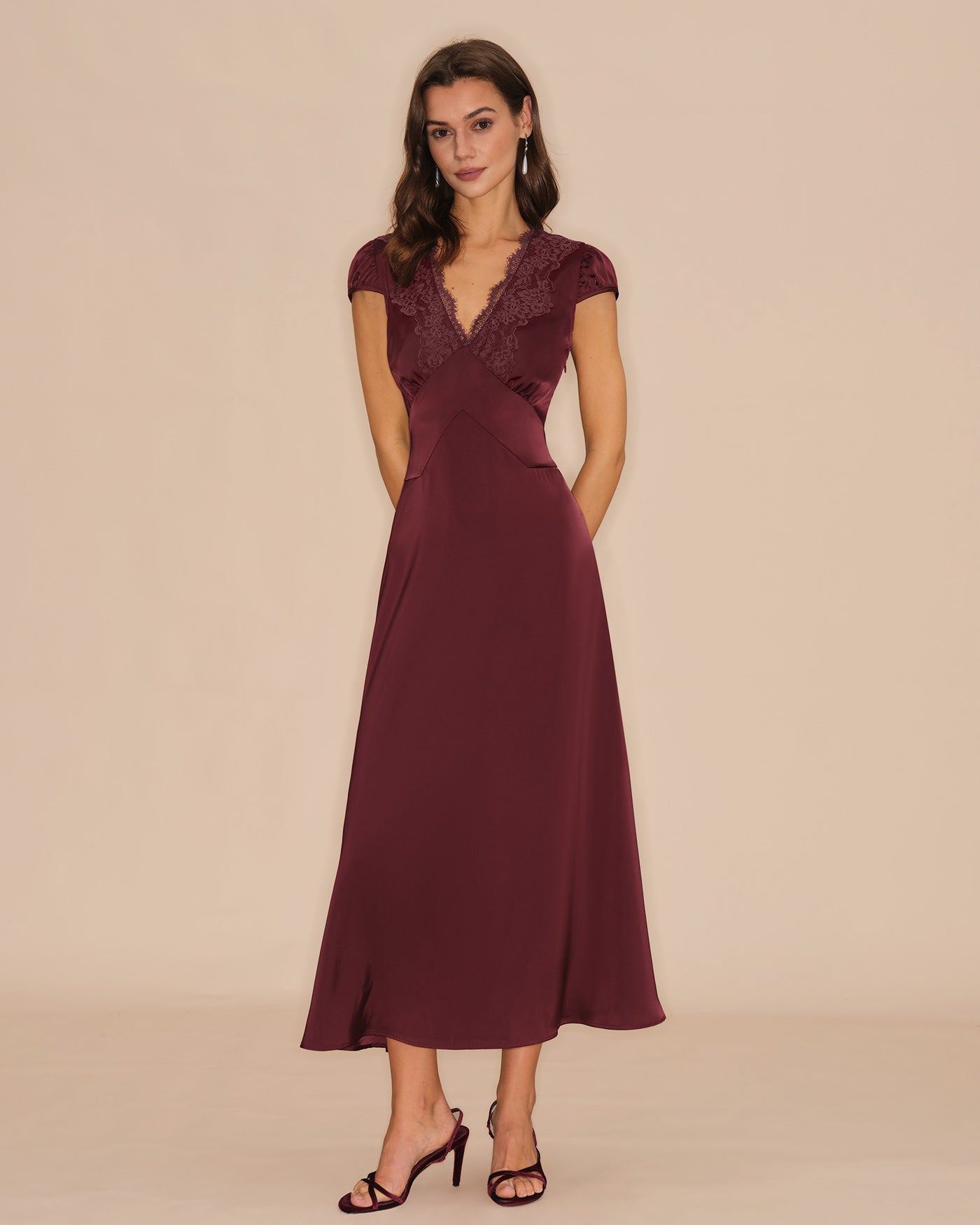 Wine Red V Neck Lace Maxi Dress | Rihoas
