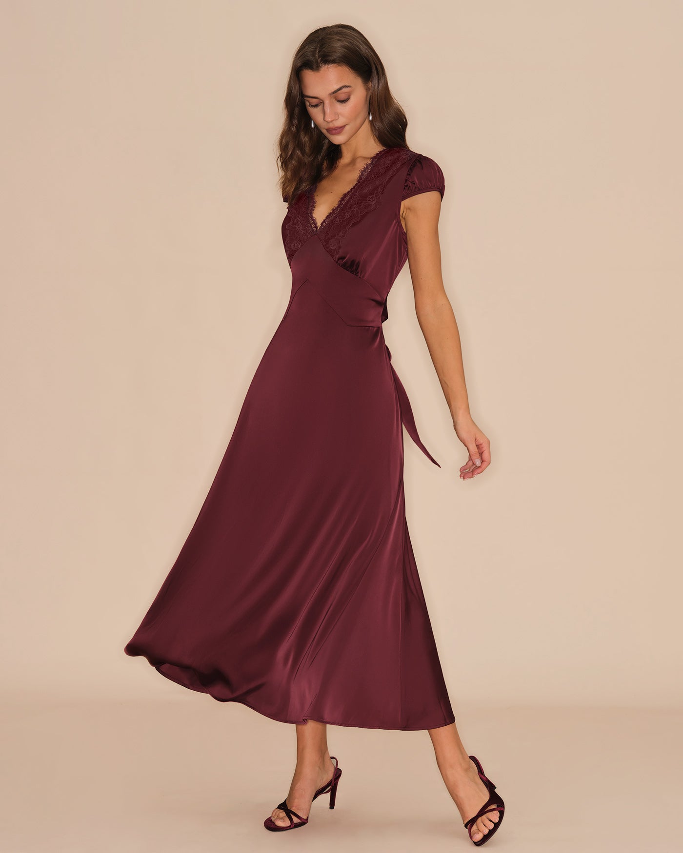 Wine Red V Neck Lace Maxi Dress | Rihoas