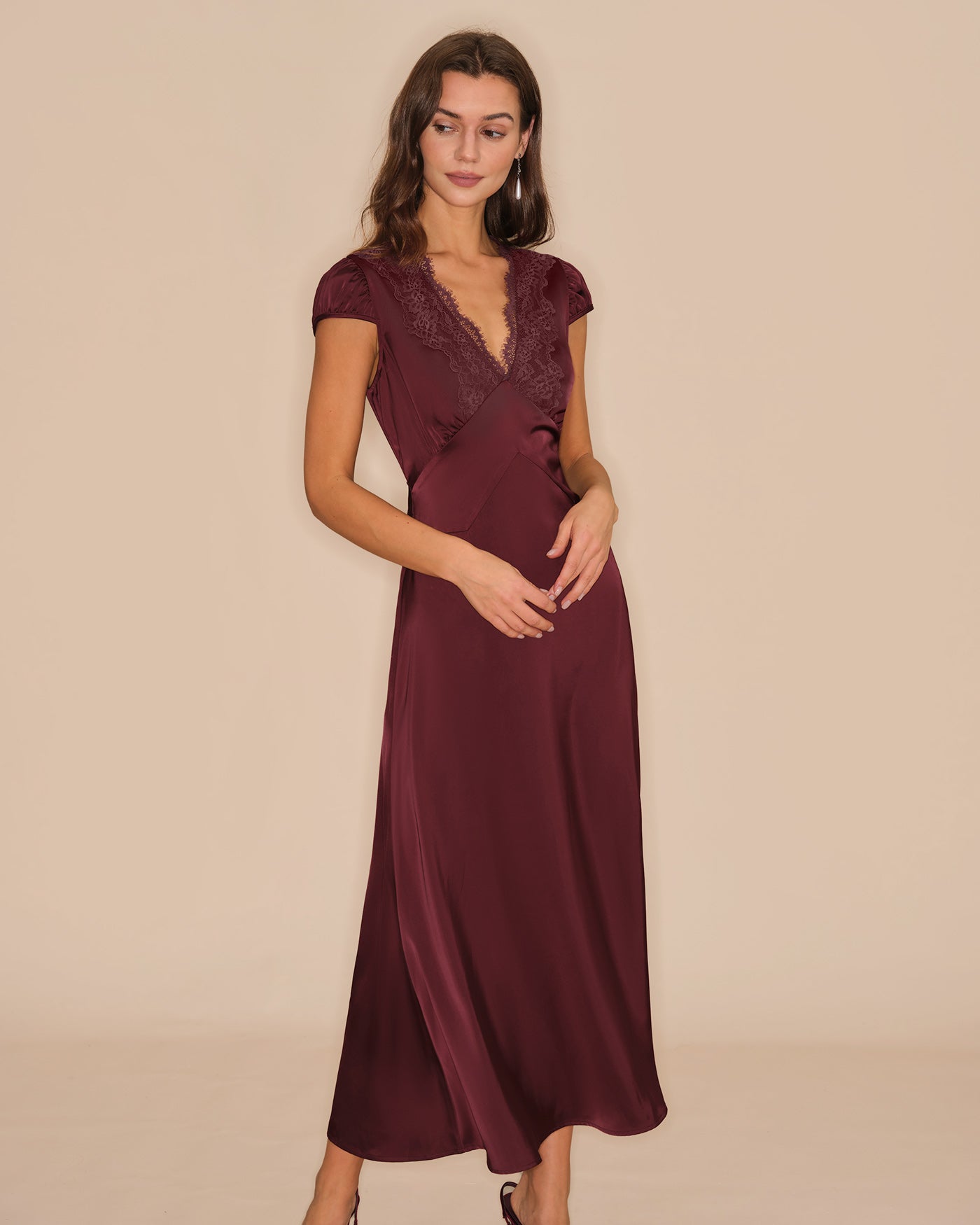 Wine Red V Neck Lace Maxi Dress | Rihoas