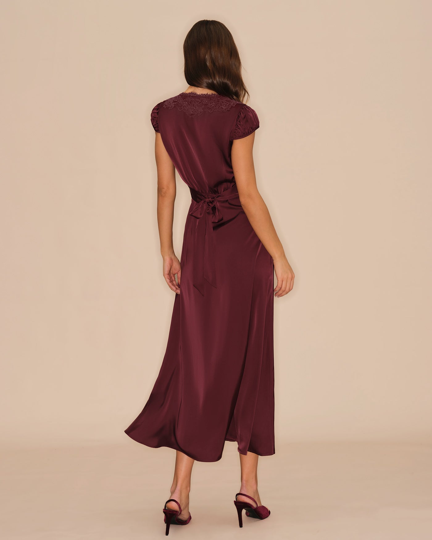 Wine Red V Neck Lace Maxi Dress | Rihoas