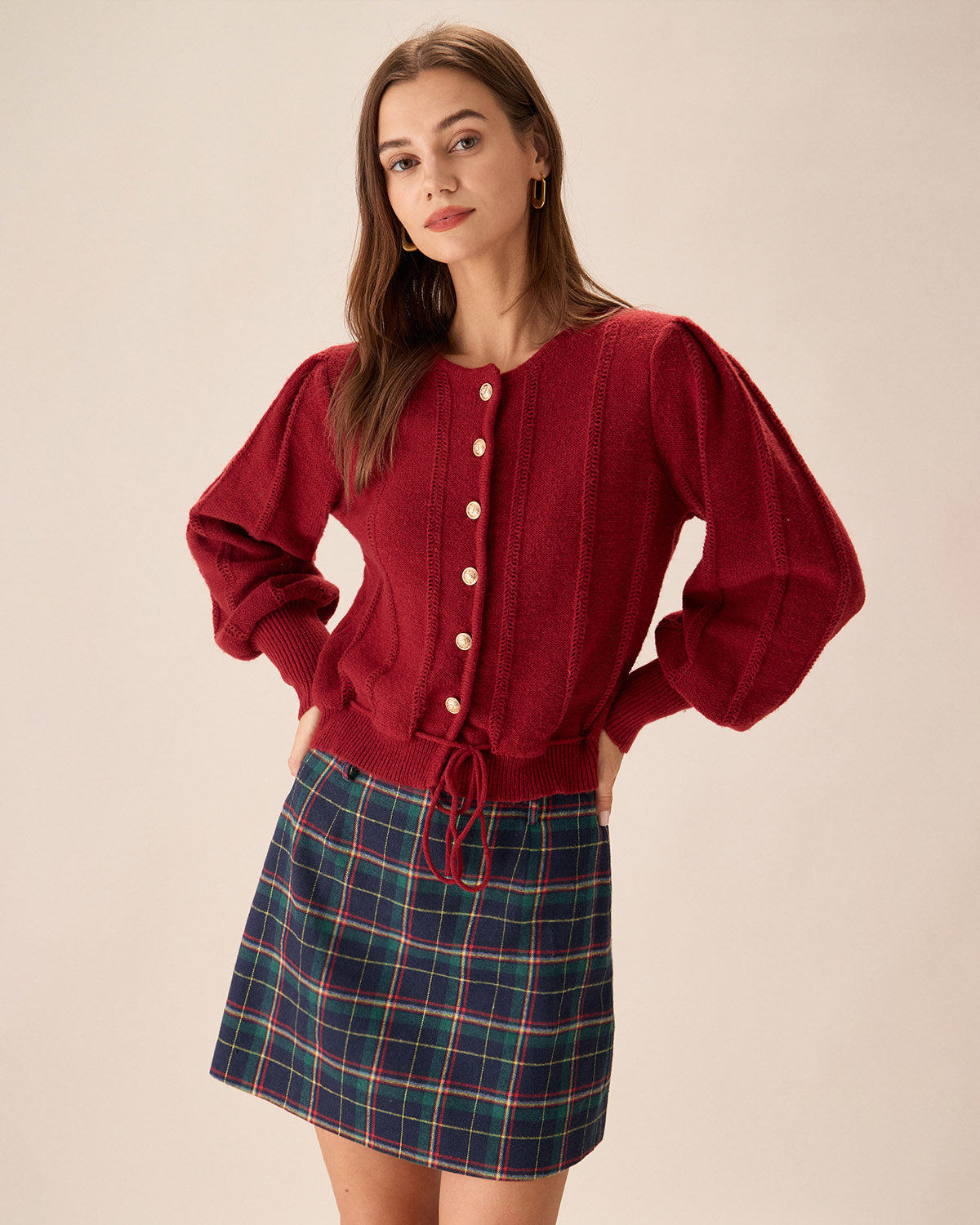 Red Lantern Sleeve Single-Breasted Cardigan | Rihoas