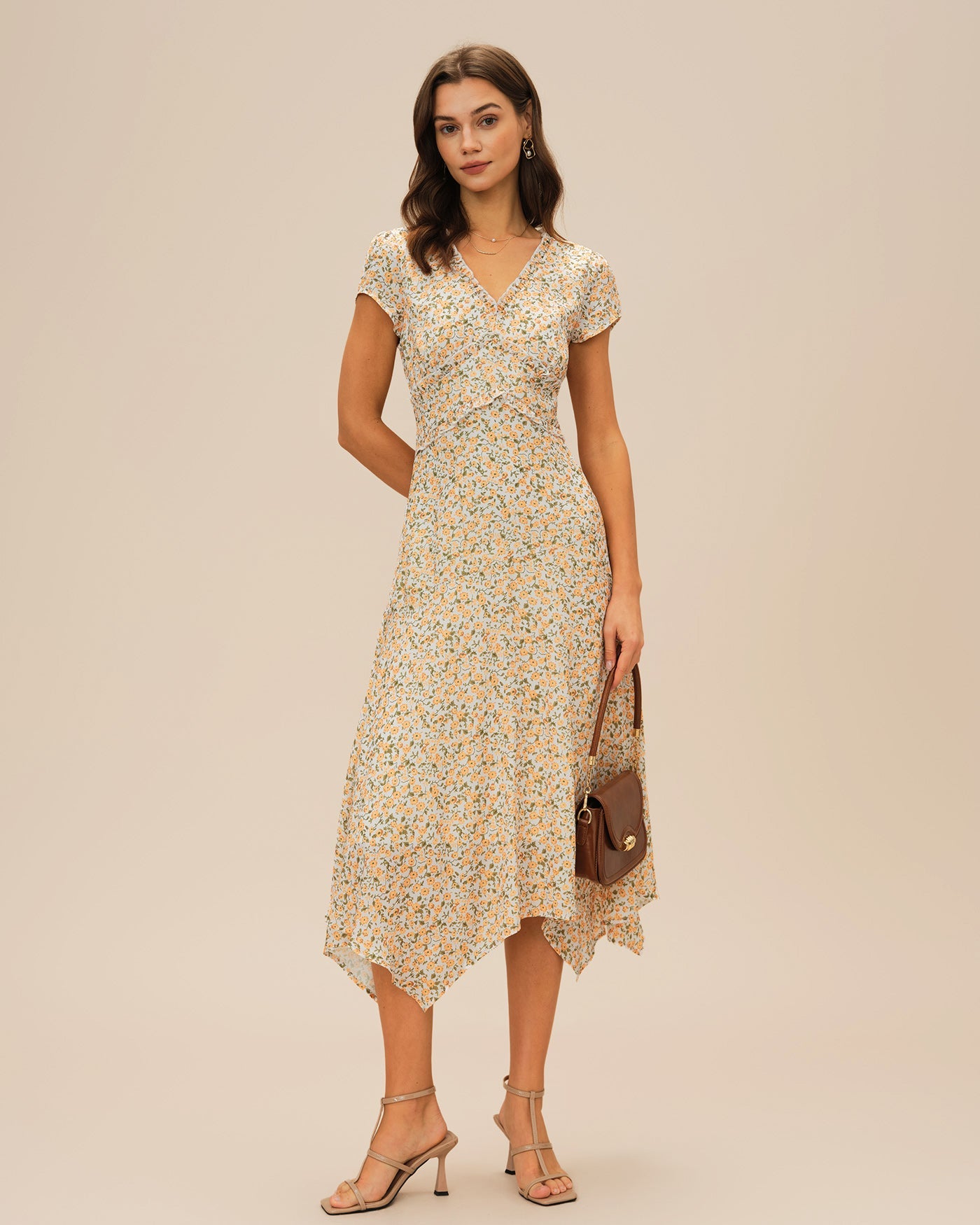 Yellow V Neck Floral Midi Dress | Rihoas