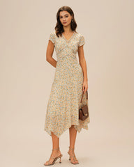 Yellow V Neck Floral Midi Dress | Rihoas