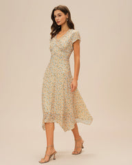 Yellow V Neck Floral Midi Dress | Rihoas