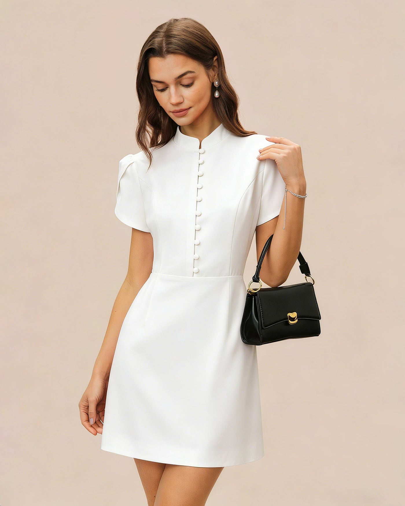 White Mandarin Collar Button Mini Dress | Rihoas