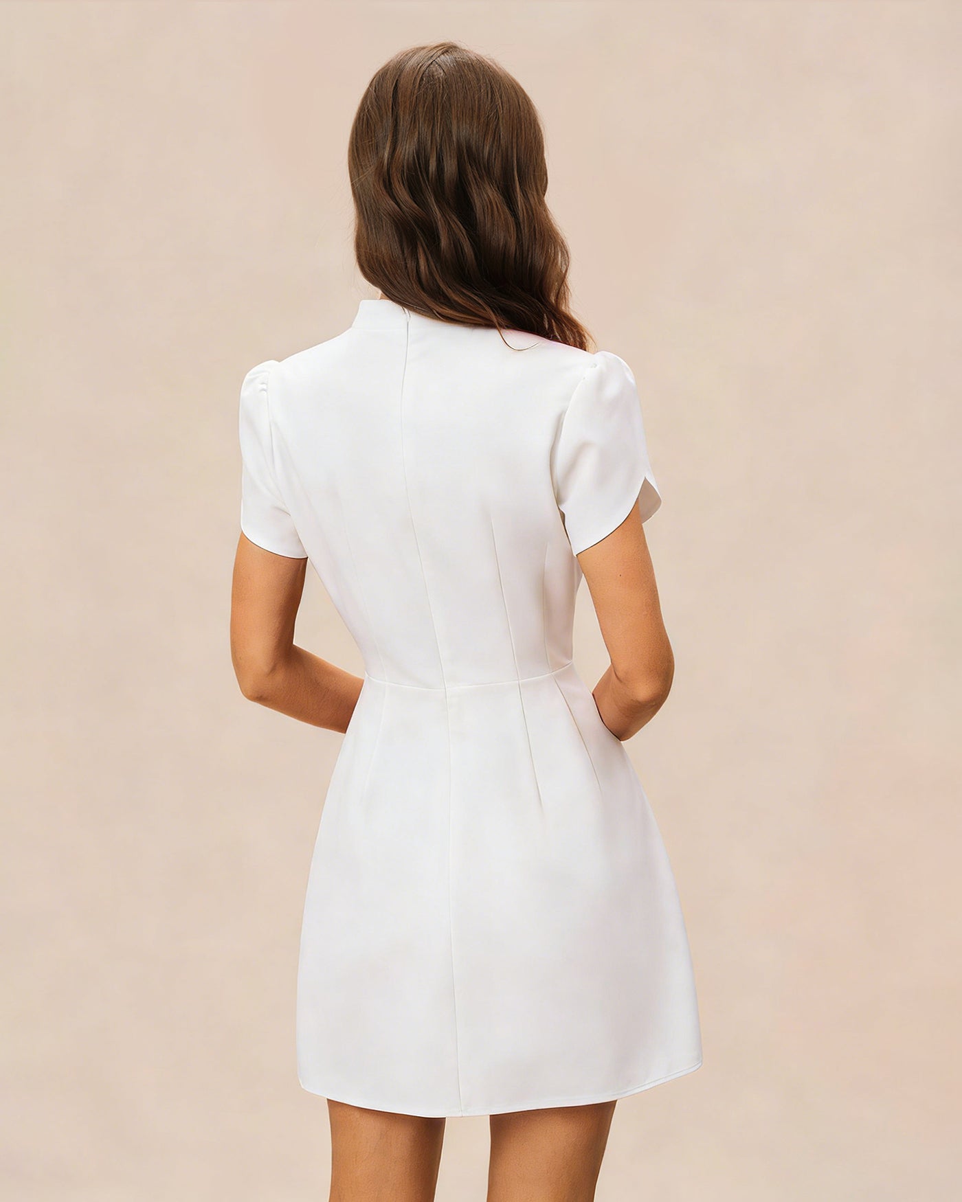 White Mandarin Collar Button Mini Dress | Rihoas