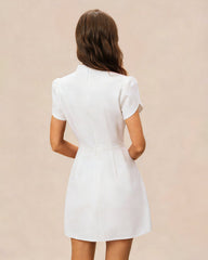 White Mandarin Collar Button Mini Dress | Rihoas