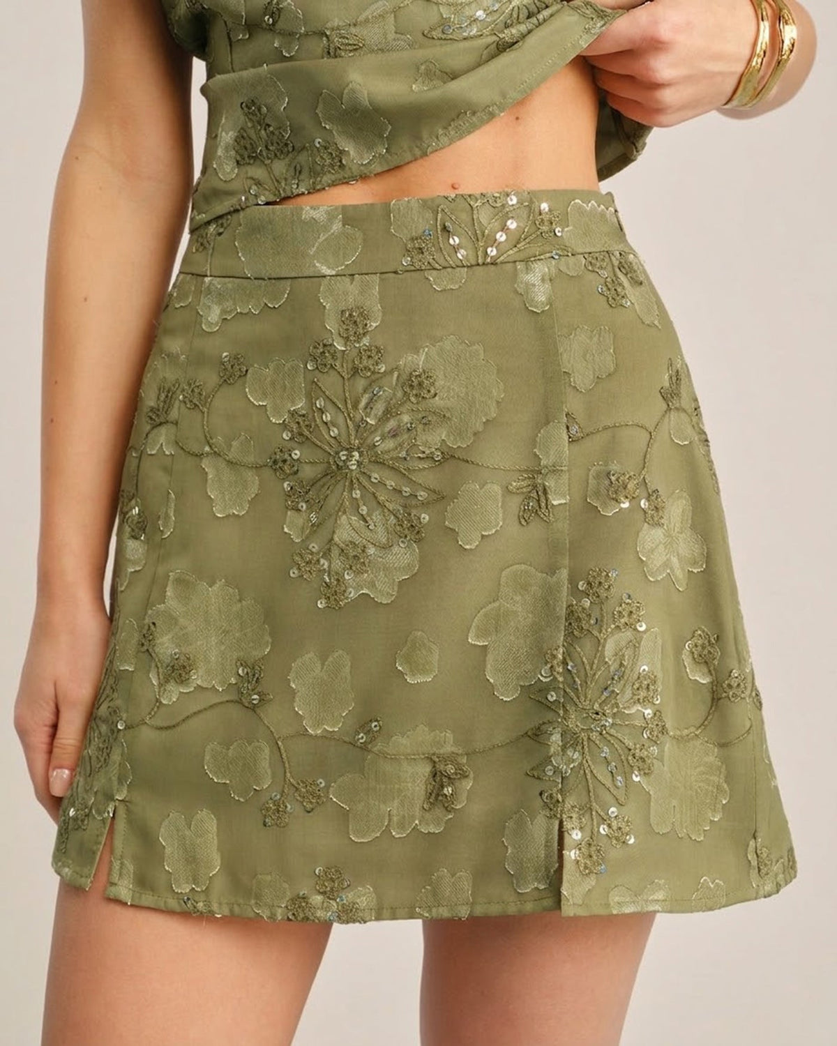 Green Jacquard Sequins Mini Skirt | Rihoas