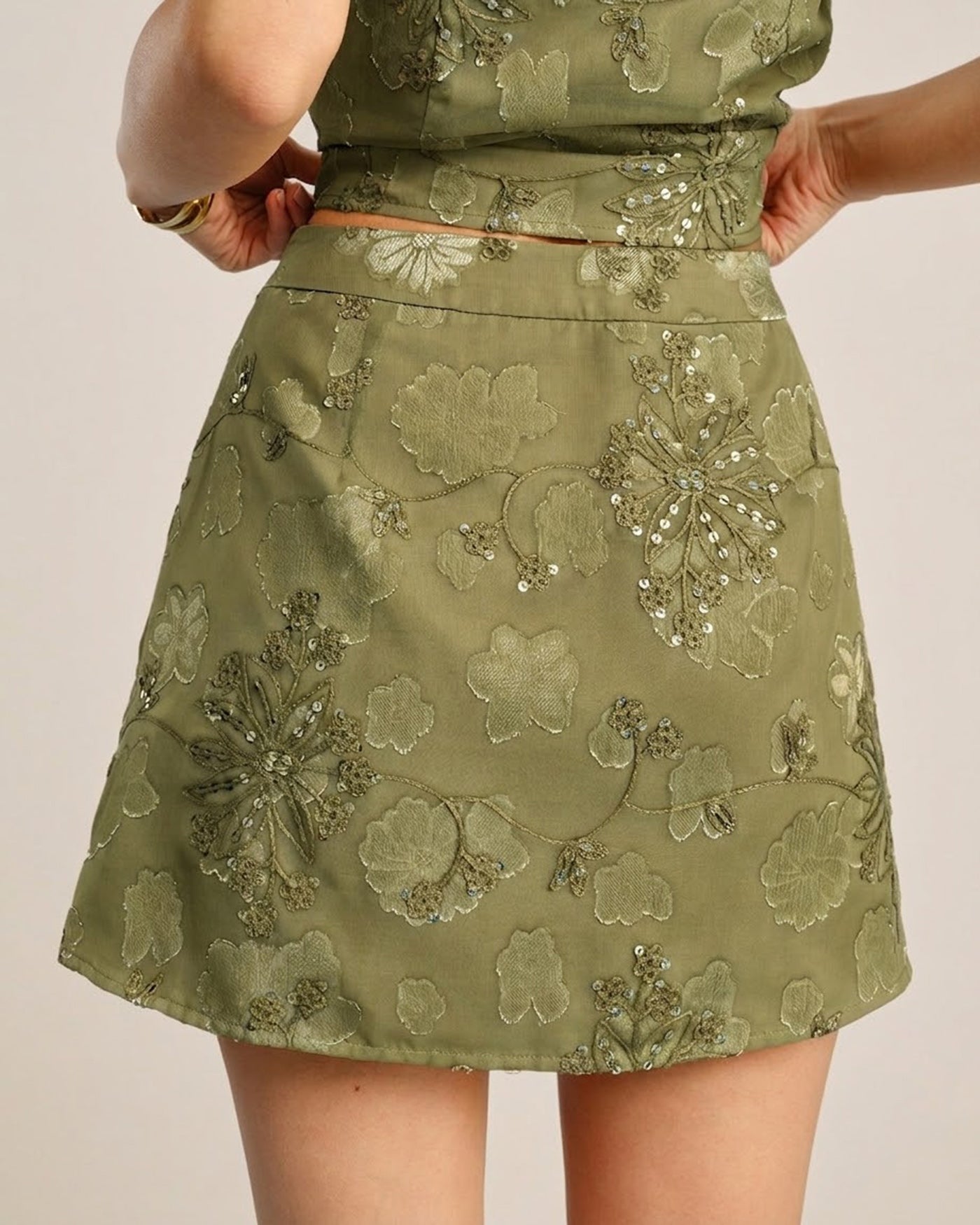 Green Jacquard Sequins Mini Skirt | Rihoas