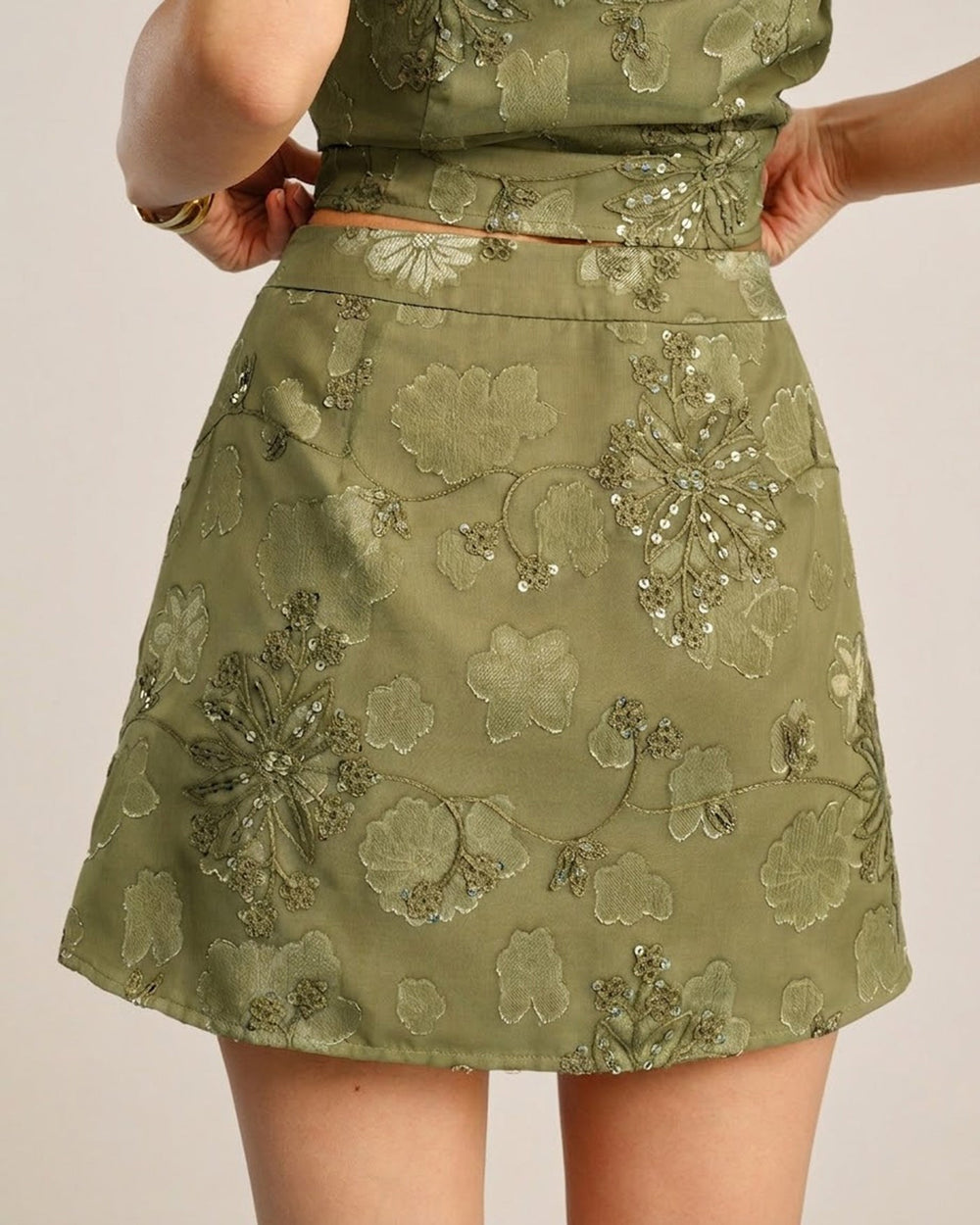 Green Jacquard Sequins Mini Skirt | Rihoas