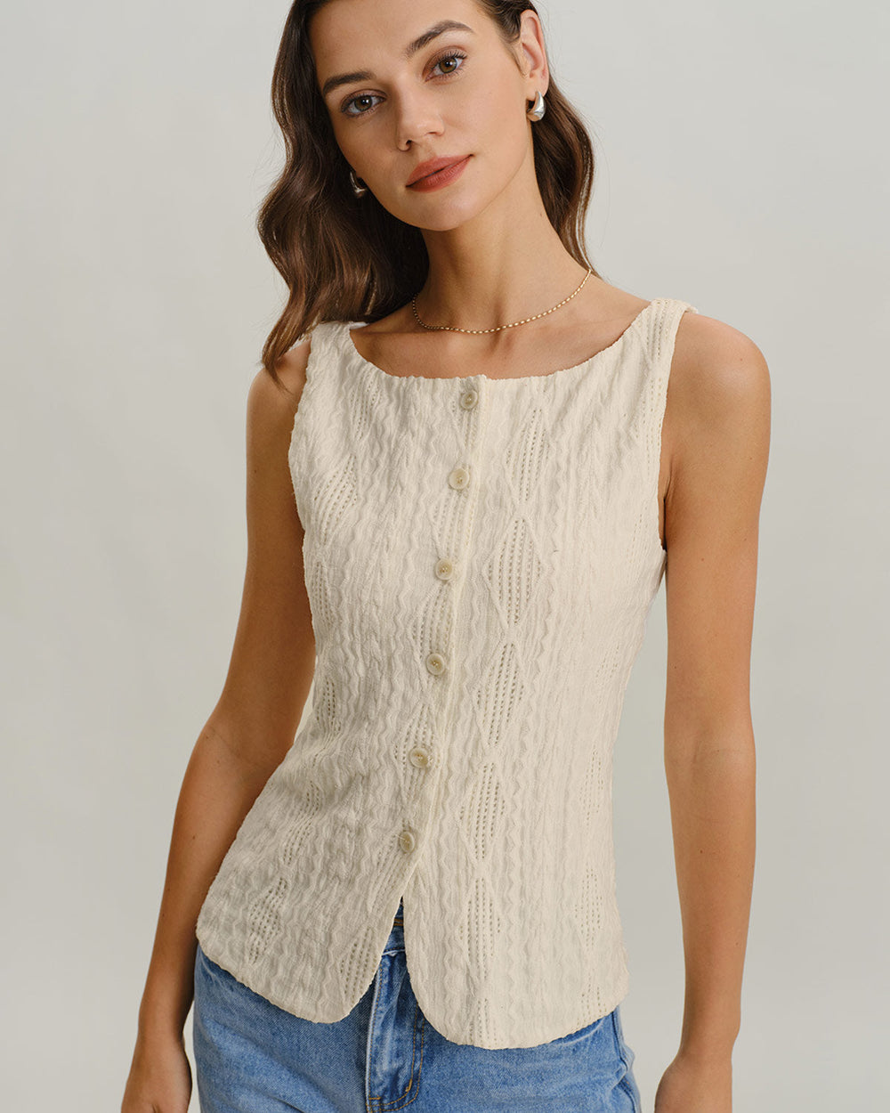 Beige Boat Neck Button Tank Top | Rihoas