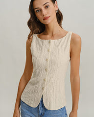Beige Boat Neck Button Tank Top | Rihoas