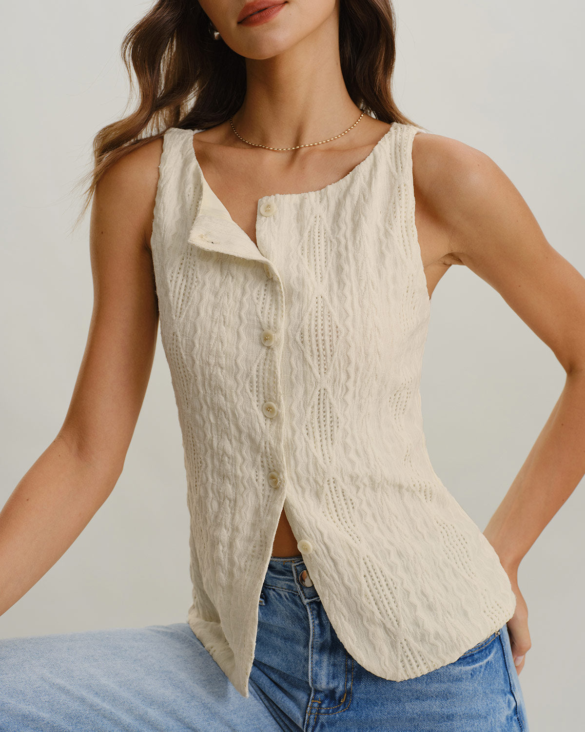 Beige Boat Neck Button Tank Top | Rihoas