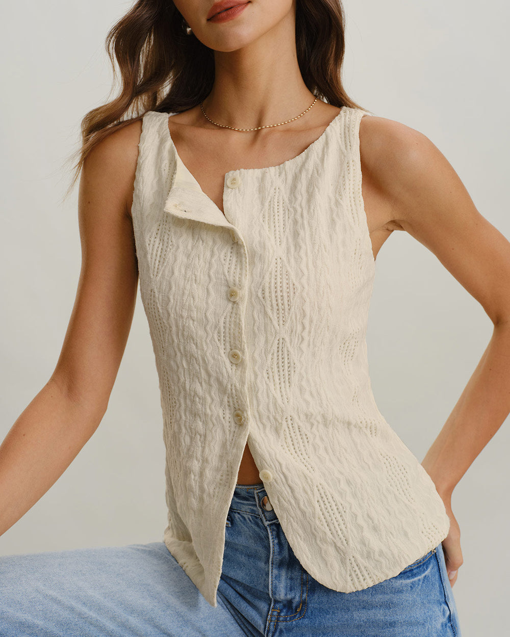 Beige Boat Neck Button Tank Top | Rihoas