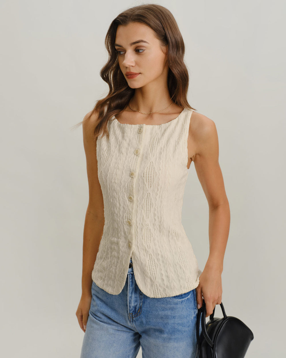 Beige Boat Neck Button Tank Top | Rihoas