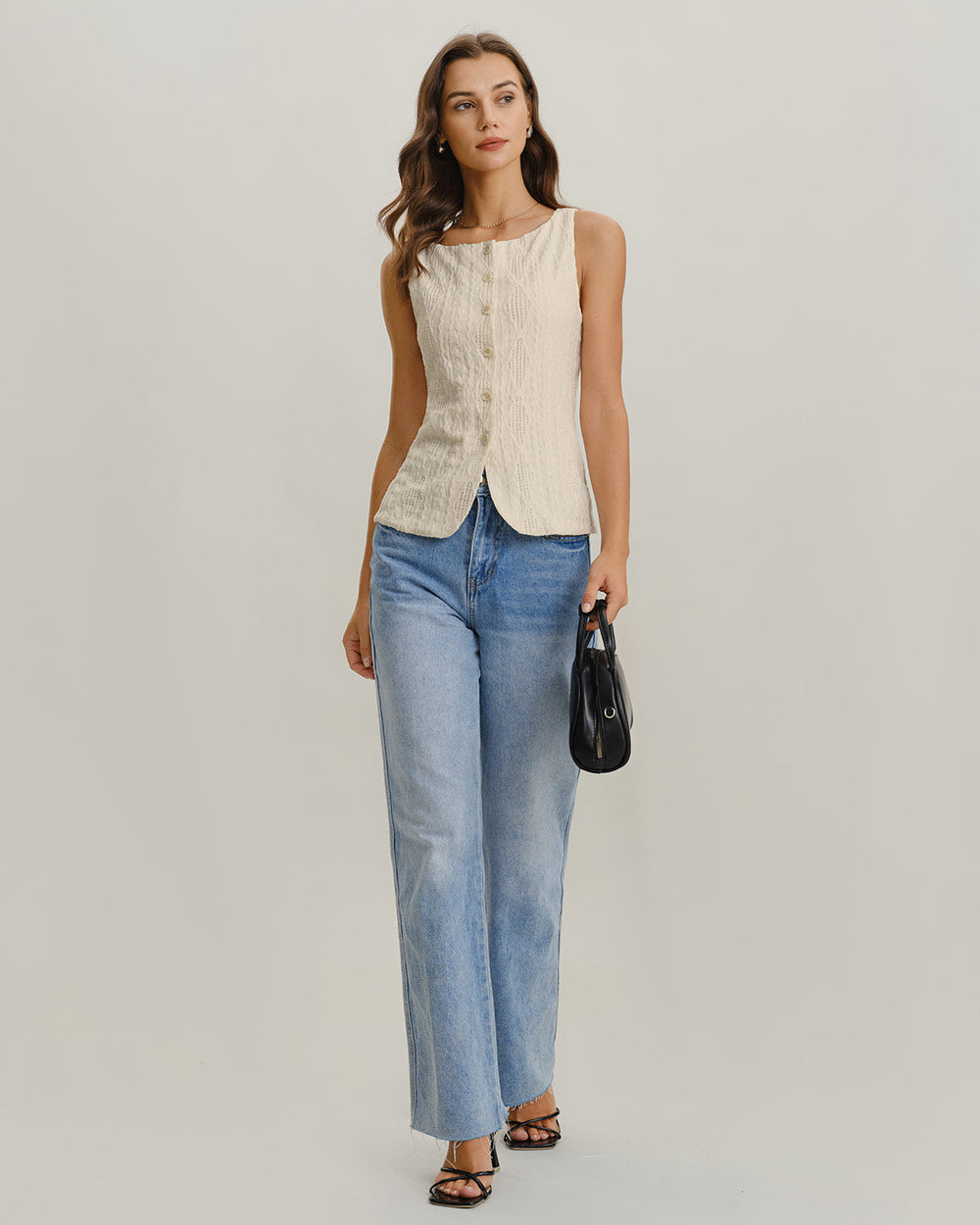 Beige Boat Neck Button Tank Top | Rihoas