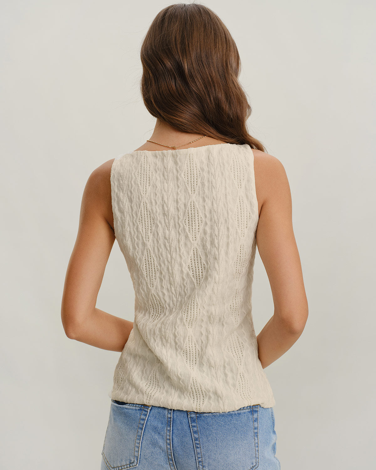 Beige Boat Neck Button Tank Top | Rihoas