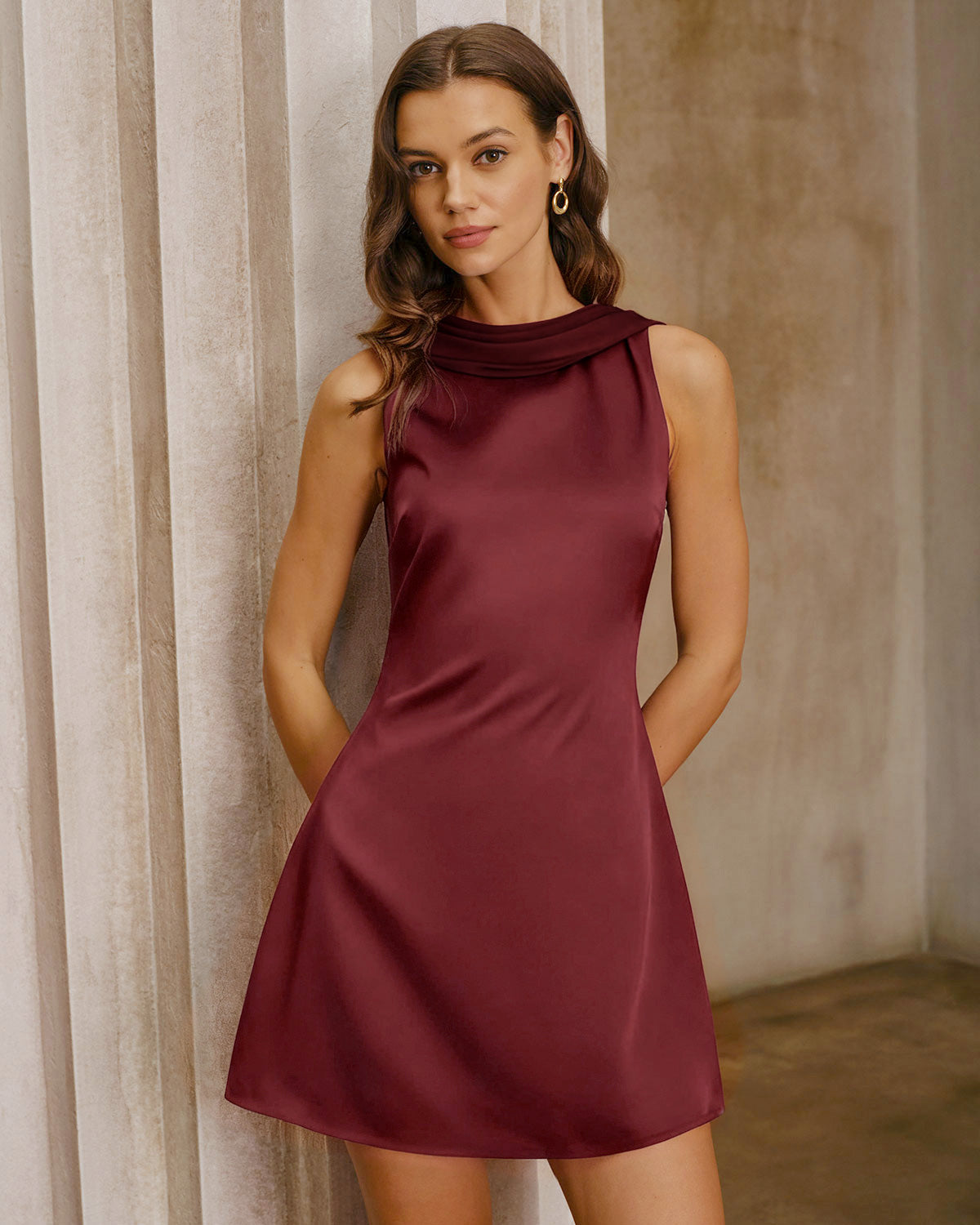 Wine Red Satin Cowl Neck Backless Mini Dress | Rihoas