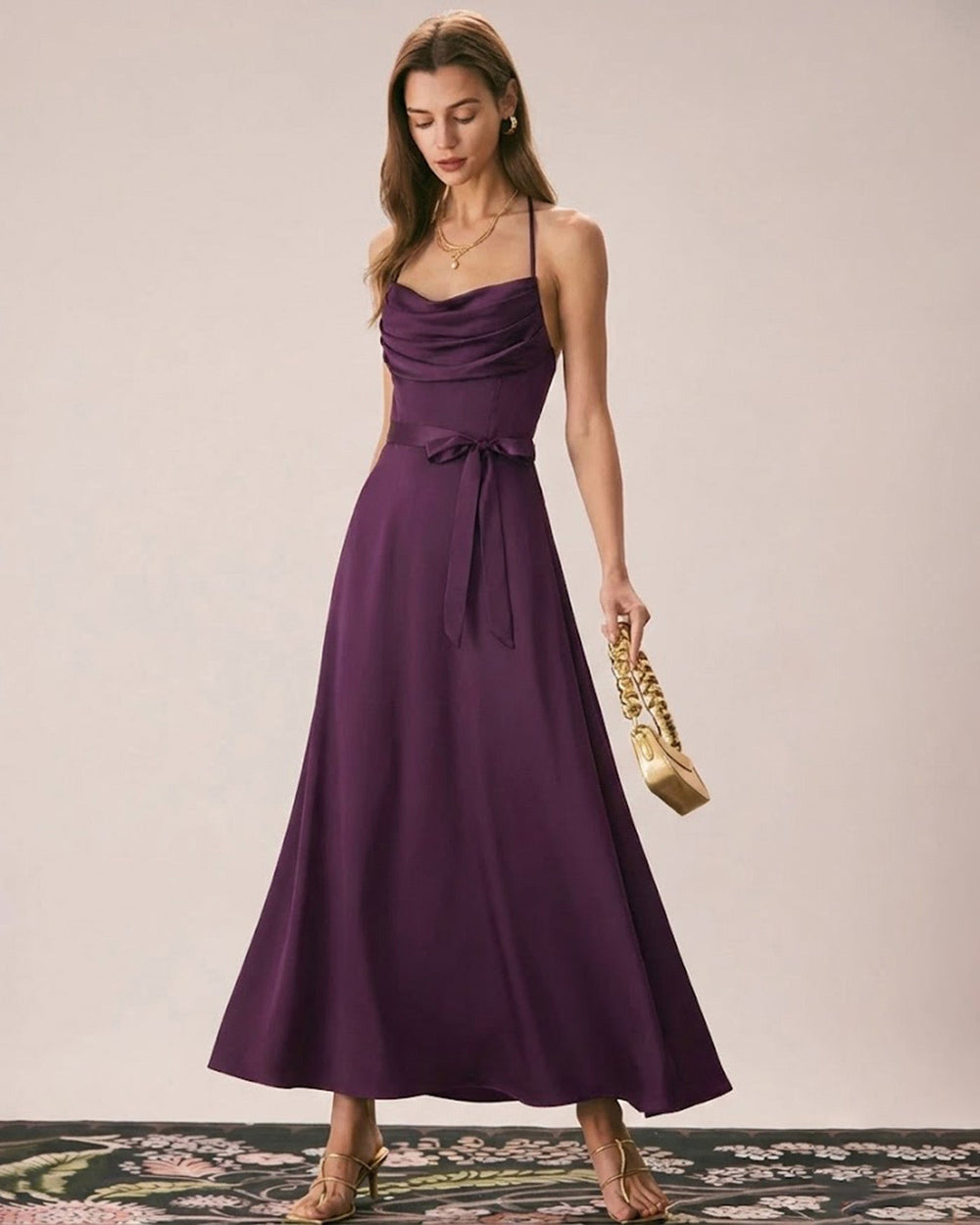 Purple Cowl Neck Satin Maxi Dress | Rihoas