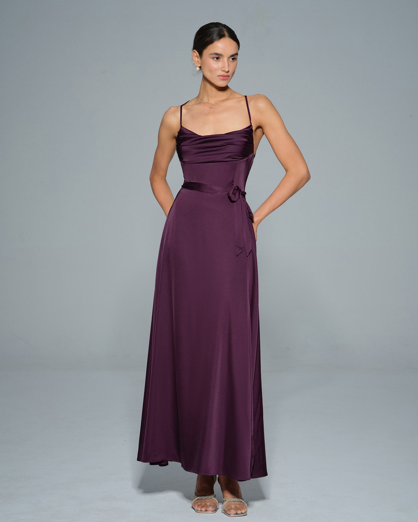 Purple Cowl Neck Satin Maxi Dress | Rihoas