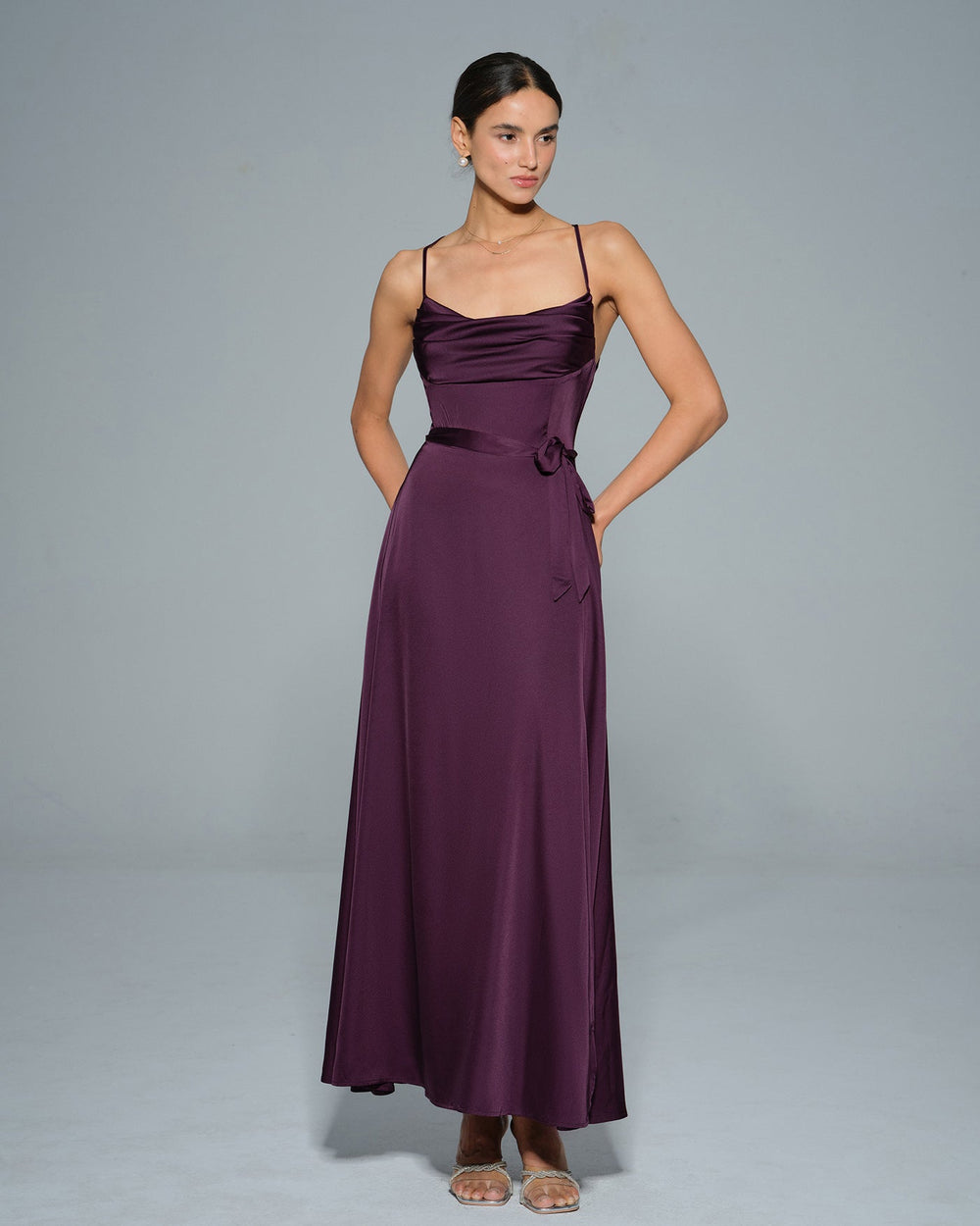 Purple Cowl Neck Satin Maxi Dress | Rihoas