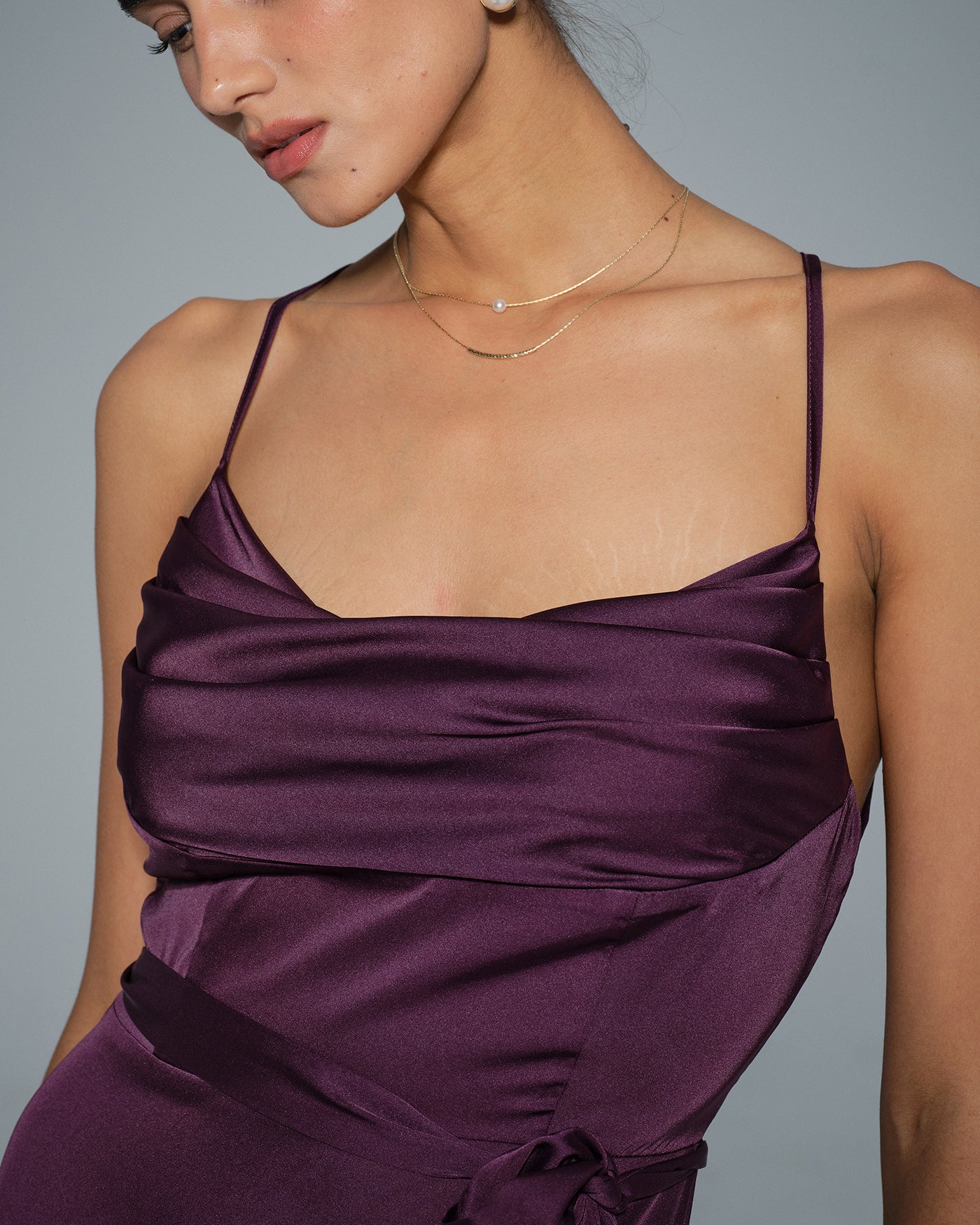 Purple Cowl Neck Satin Maxi Dress | Rihoas