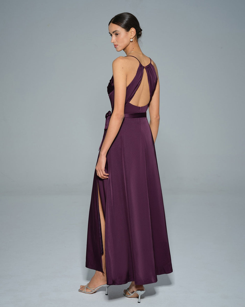 Purple Cowl Neck Satin Maxi Dress | Rihoas