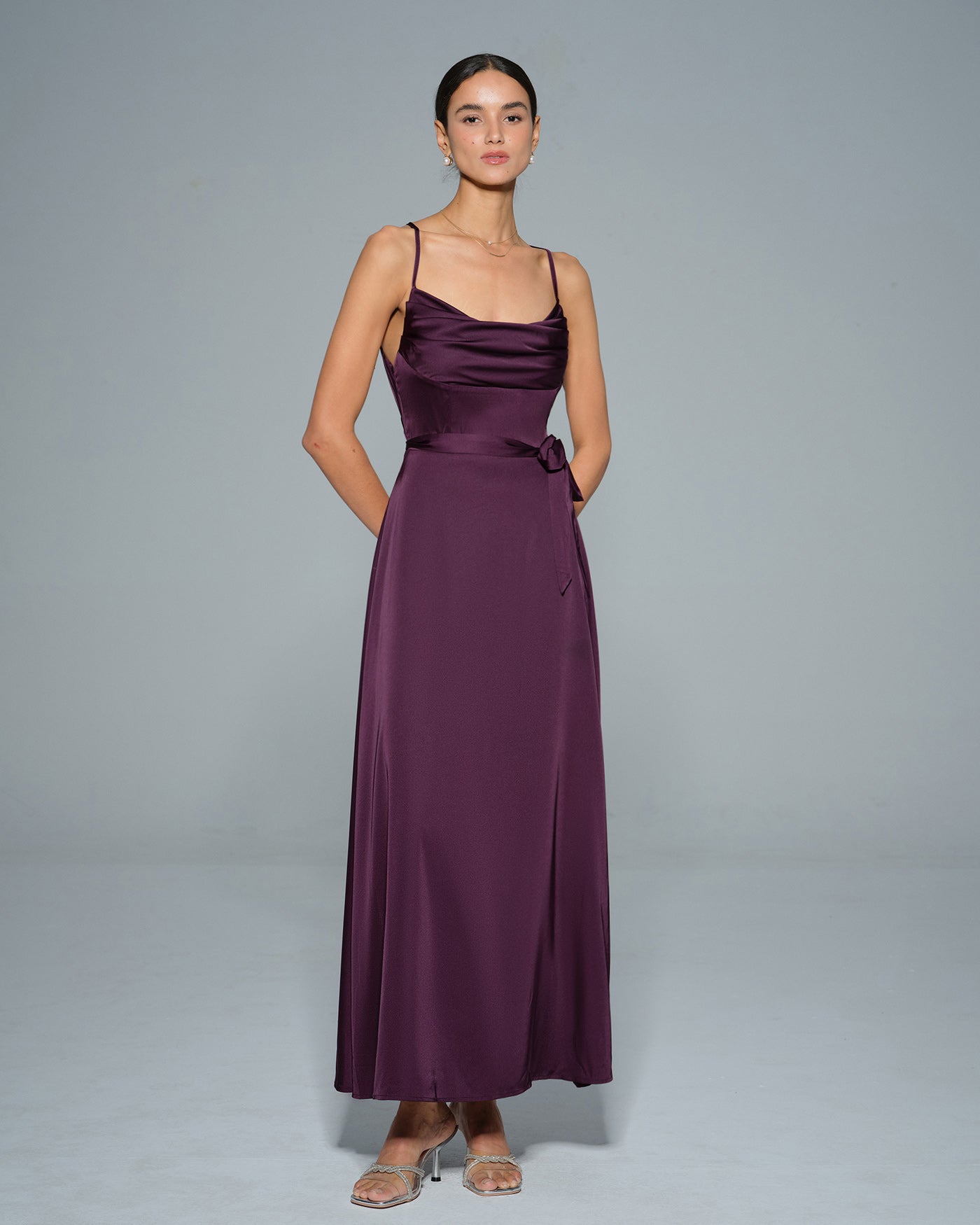 Purple Cowl Neck Satin Maxi Dress | Rihoas